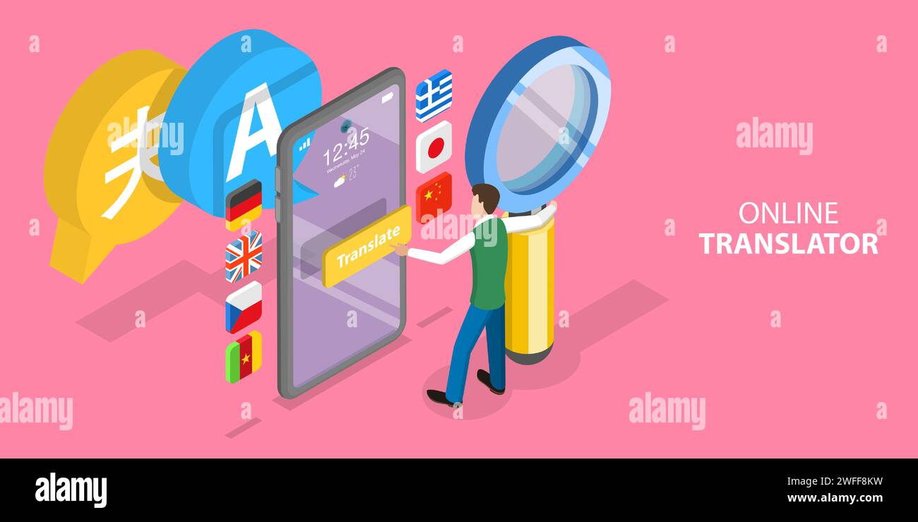 3D Isometrischer flacher Vektor konzeptuelle Illustration der Online-App für mehrsprachige Übersetzung, Online-Fremdsprachenlernen. Stock Vektor
