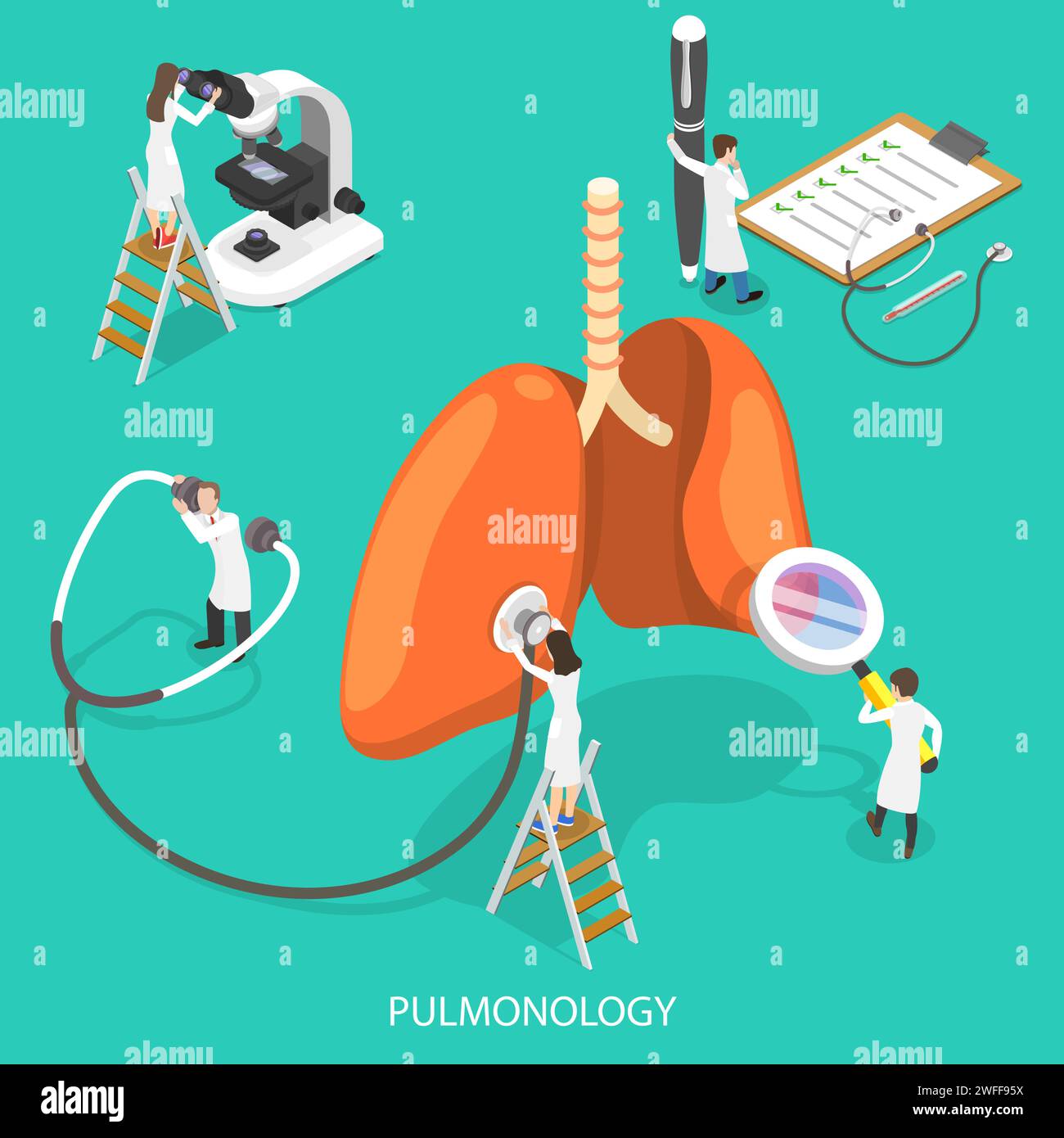 Isometrische Flachvektor-Illustration der Atemmedizin, Pulmonologiekonzept, Überprüfung der Atemgeräte, Therapie des menschlichen Beatmungssystems. Stock Vektor