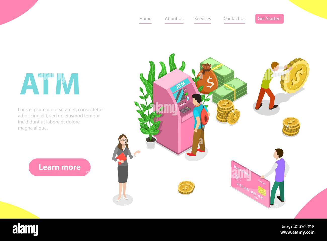 Isometrische flache Vektor-Landing-Page-Vorlage von Geldautomaten, Bankkarten, automatischem Geldautomat, Bargeld erhalten. Stock Vektor