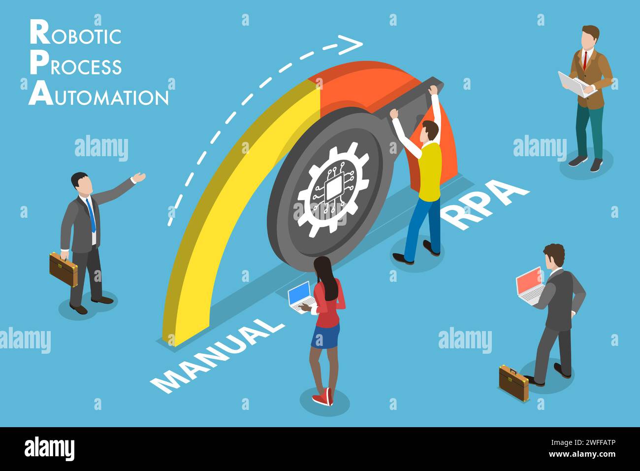 3D Isometrischer flacher Vektor konzeptionelle Darstellung von RPA - Robotic Process Automation, Verbesserung der Produktivität von Geschäftsprozessen. Stock Vektor