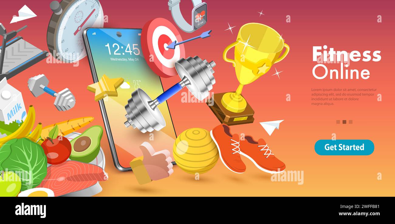 Konzeptionelle 3D-Vektor-Illustration von Online-Trainingskursen, Personal Fitness Coach, Training mit virtuellem Kursleiter, Mobile App für Training in Ho Stock Vektor