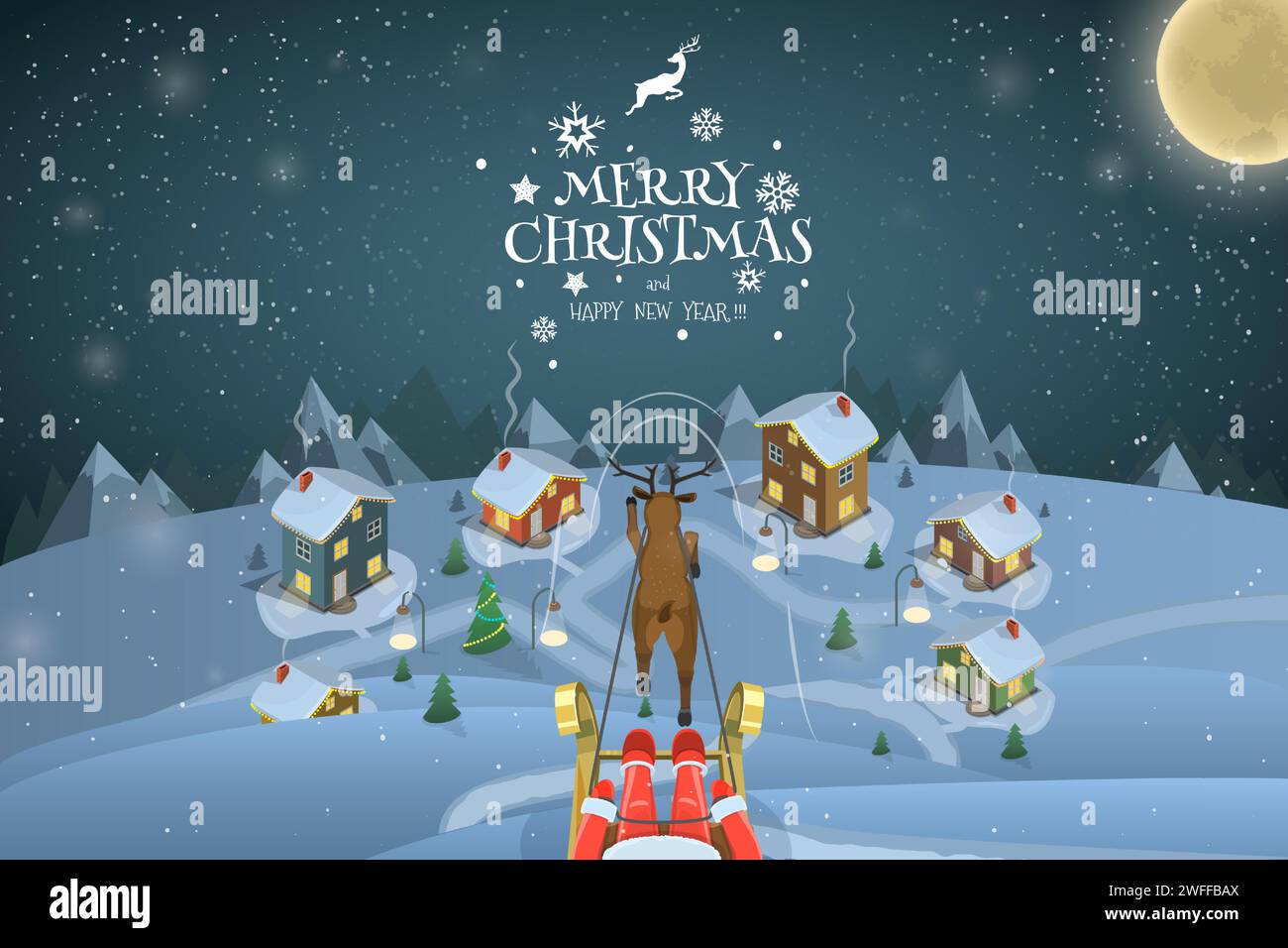 Weihnachten Abend Landschaft Vektor Illustration. Der Weihnachtsmann fliegt über das verschneite Dorf und fährt einen Schlitten mit einem Hirsch. Stock Vektor
