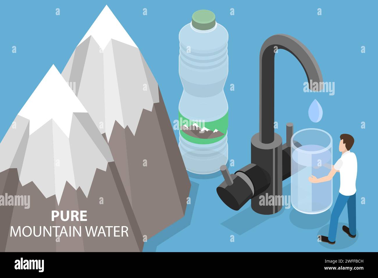 3D Isometrischer flacher Vektor konzeptuelle Illustration von reinem Bergwasser, frischem und klarem natürlichem Getränk. Stock Vektor