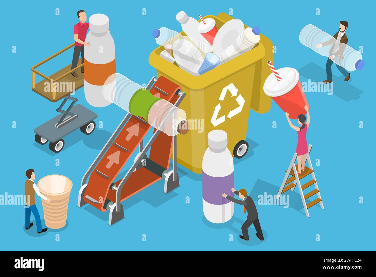 3D Isometrischer flacher Vektor konzeptuelle Illustration des Sammelns von Plastikmüll in Recycling-Abfallbehälter, Polythene Einweg-Müll Problem. Stock Vektor