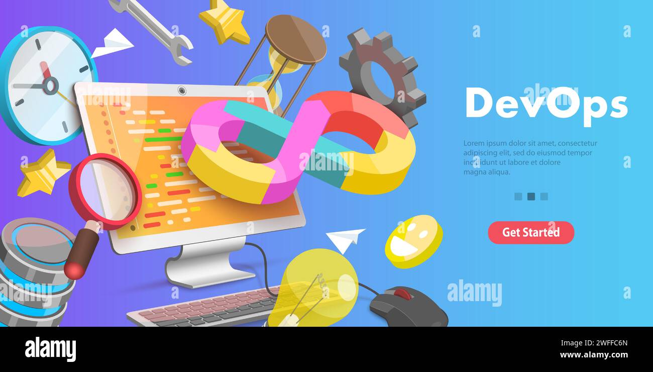 Konzeptionelle 3D-Vektor-Illustration von DevOps, Softwareentwicklung und IT-Betrieb. Stock Vektor