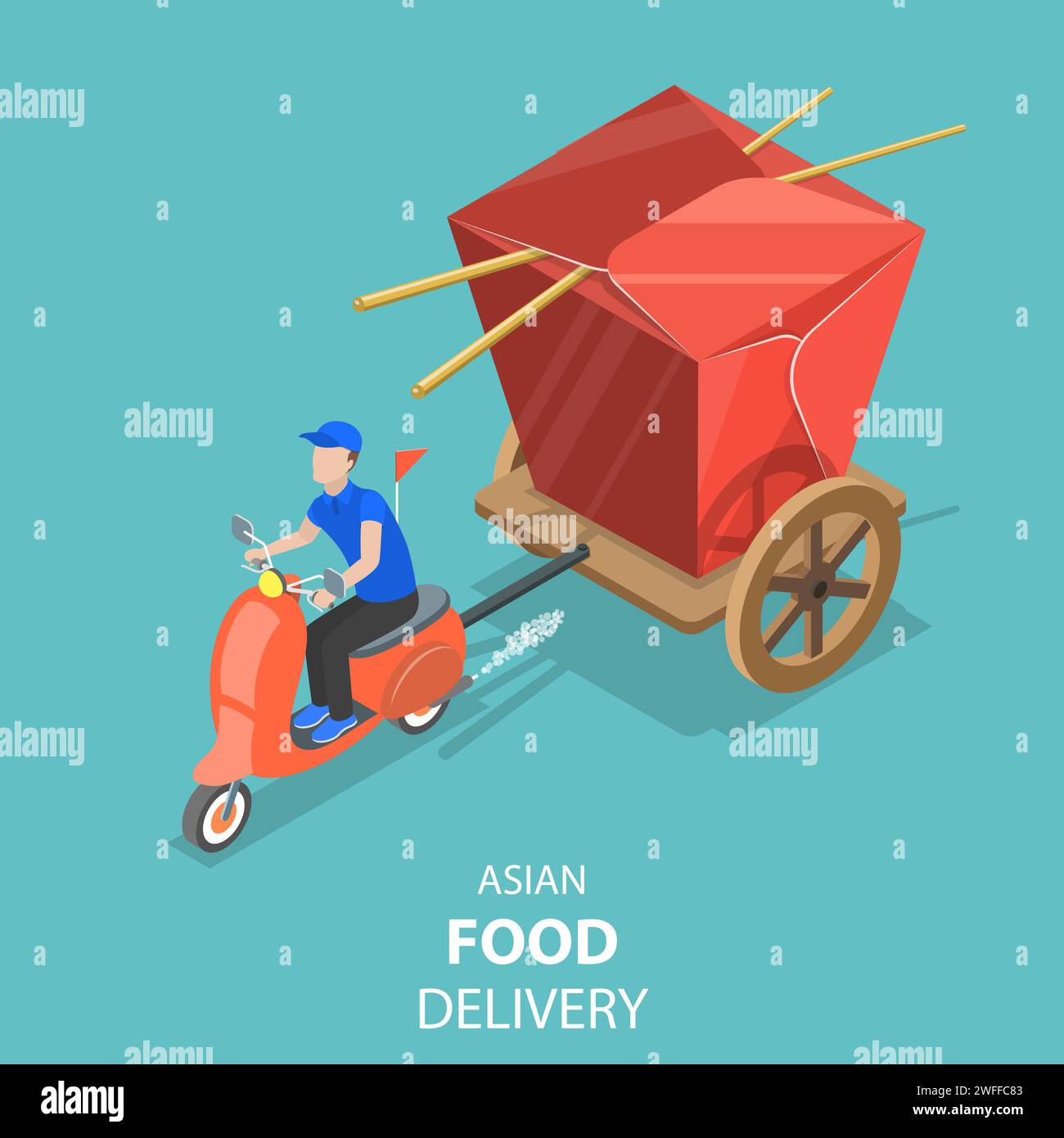 Isometrisches flaches Vektorkonzept der asiatischen Lebensmittellieferung, japanisches Sushi, Wok-Nudeln, chinesische Take-away-Box. Stock Vektor