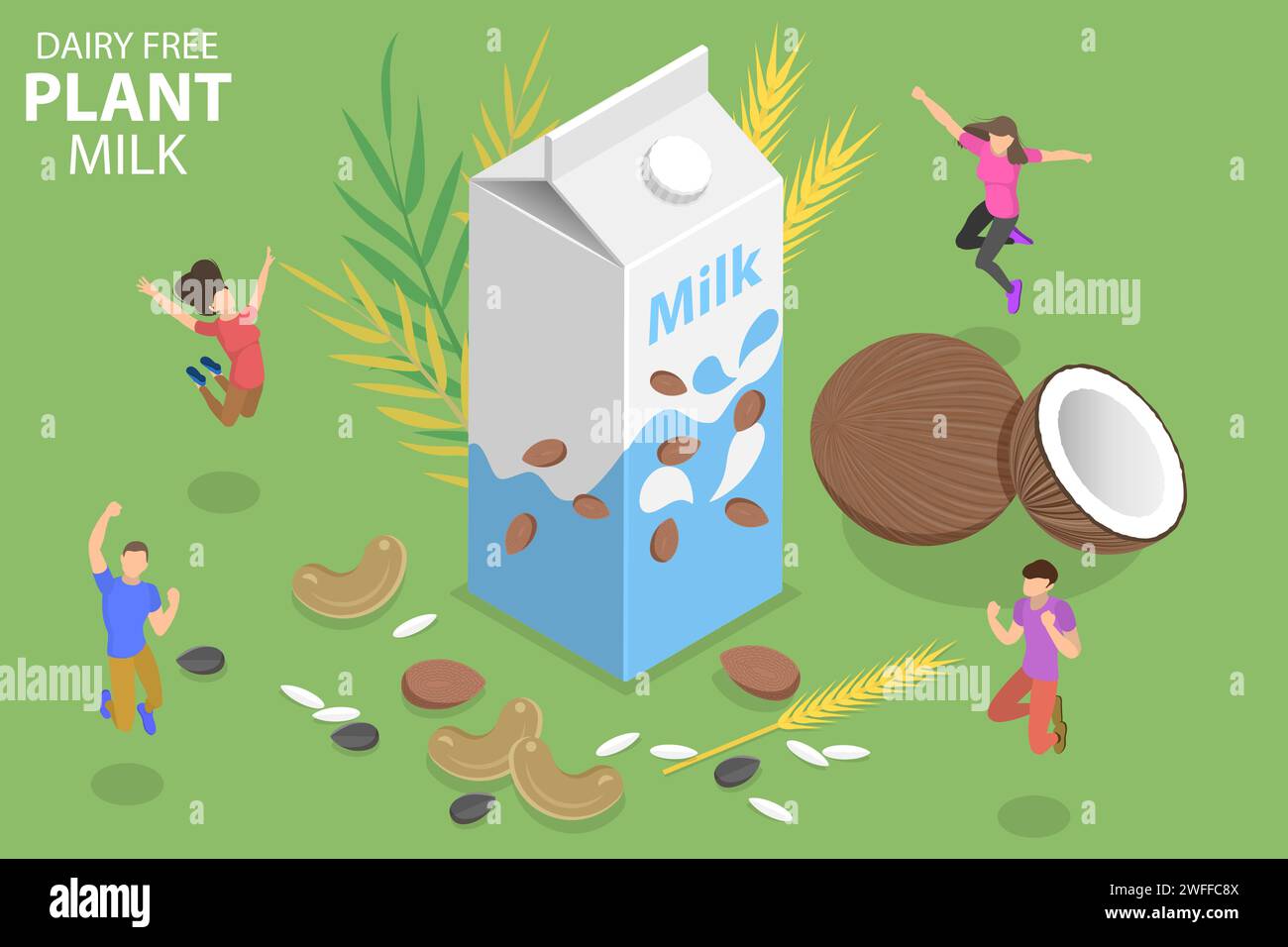 3D Isometrischer flacher Vektor Konzept von milchfreier Pflanzenmilch, veganem gesundem Getränk auf der Basis von Reis, Mandel, Hafer, Haselnuss und Soja. Stock Vektor