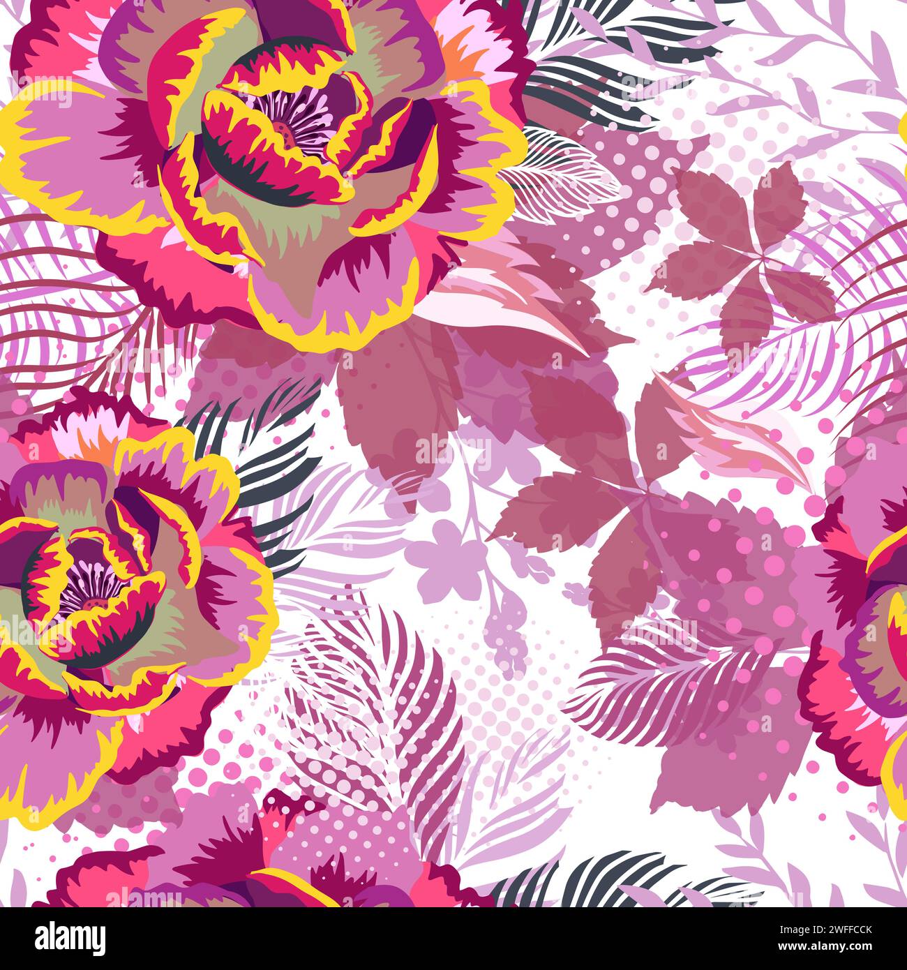 Blumenmuster. Nahtloses Pfingstrosen-Muster. 90er-Jahre-STYLE. Handzeichnung. Nicht AI, Vektorillustration Stock Vektor