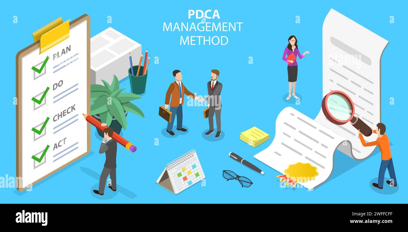 3D Isometrischer flacher Vektor konzeptuelle Darstellung der PDCA-Managementmethode, Qualitätskontrolle und -Verwaltung. Stock Vektor