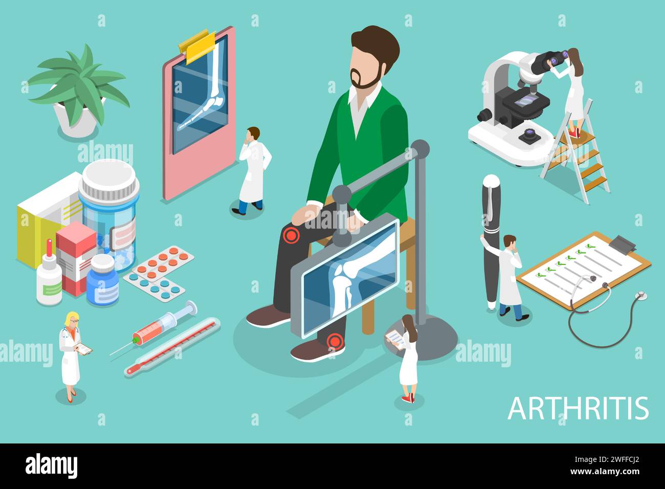 3D Isometrischer Flachvektor konzeptionelle Darstellung von Arthritis, Behandlung von Gelenkerkrankungen. Stock Vektor