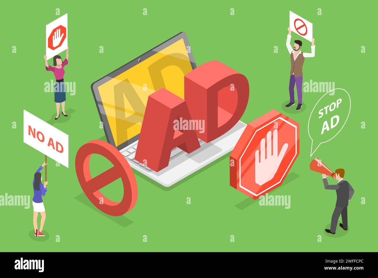 3D Isometrischer flacher Vektor konzeptuelle Darstellung von Werbeblockierung, Anti-Advertising-Software für Webbrowser und mobile Anwendung. Stock Vektor