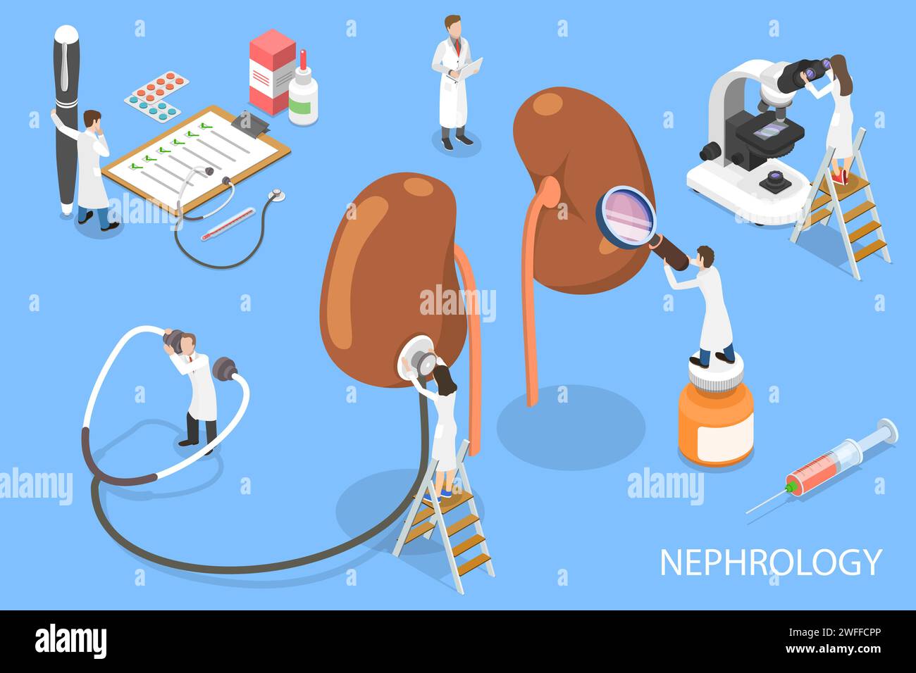 3D Isometrischer Flachvektor Konzept der Nephrologie Klinische Forschung, Erhaltung der Nierengesundheit. Stock Vektor