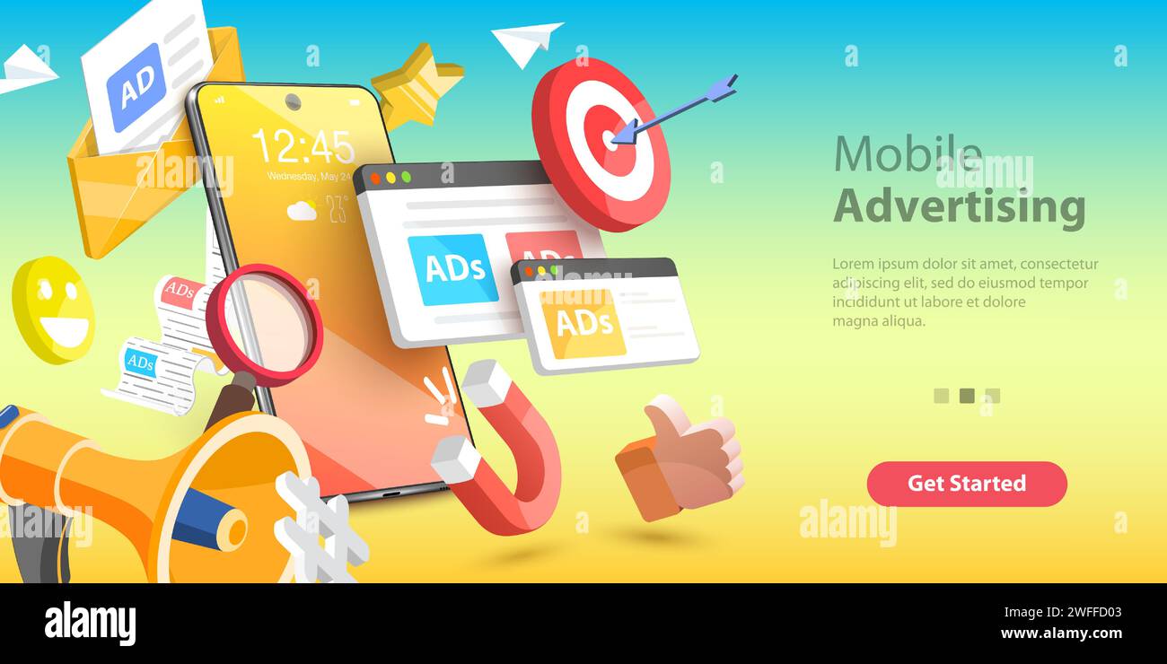 Mobile Werbung, Social-Media-Kampagne, Digitales Marketing. 3D-Vektor-Konzeptdarstellung. Stock Vektor