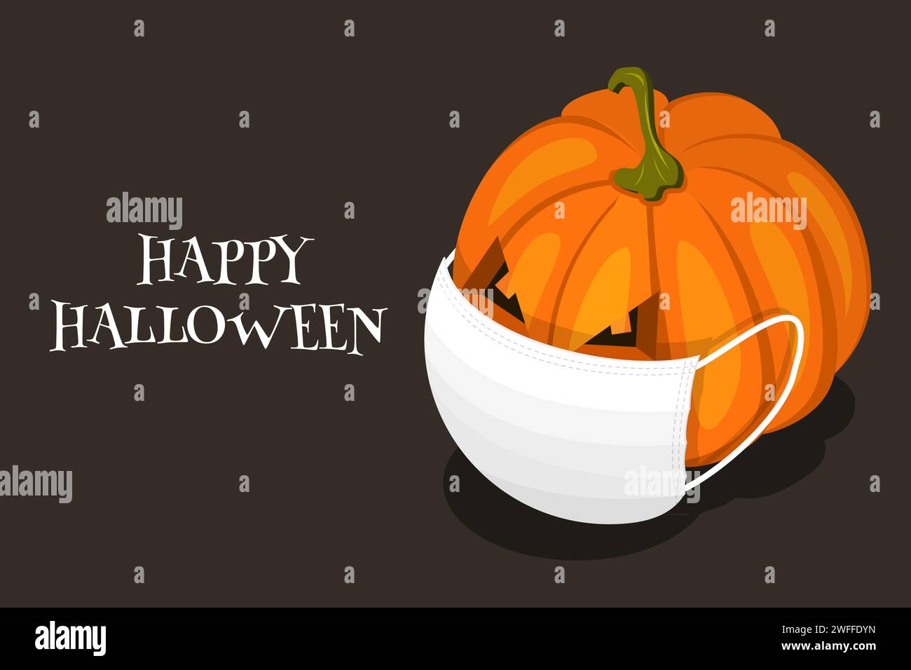 Happy Corona Halloween 2020, Kürbis mit Gesichtsmaske drauf. Konzeptuelle 3D-Illustration des Isometrischen flachen Vektors. Stock Vektor