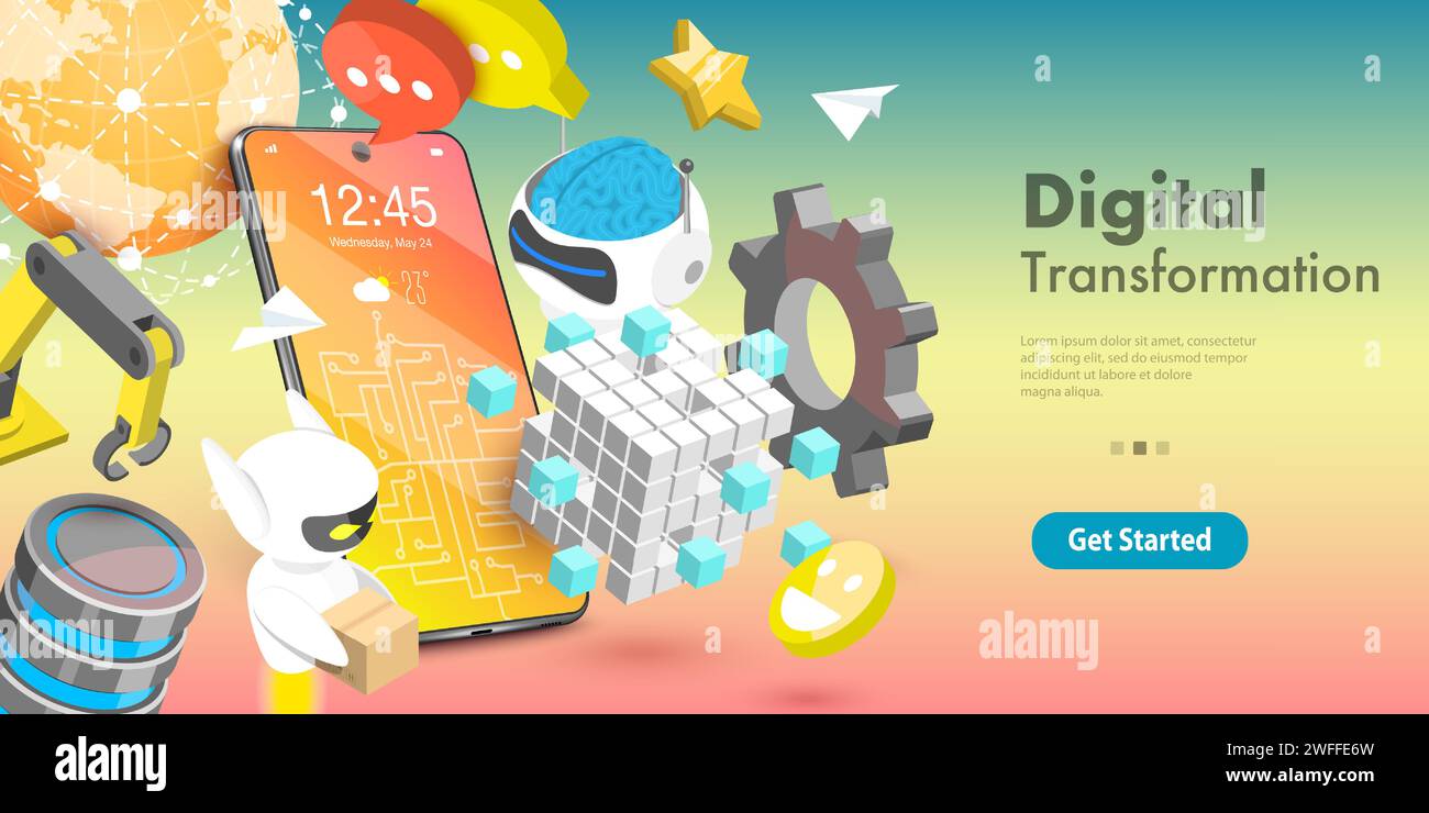 Konzeptionelle 3D-Vektor-Illustration digitaler Transformationsbereiche: Big Data, Netzwerke, Automatisierung, Kommunikation, IoT, Robotik, KI, Techno Stock Vektor