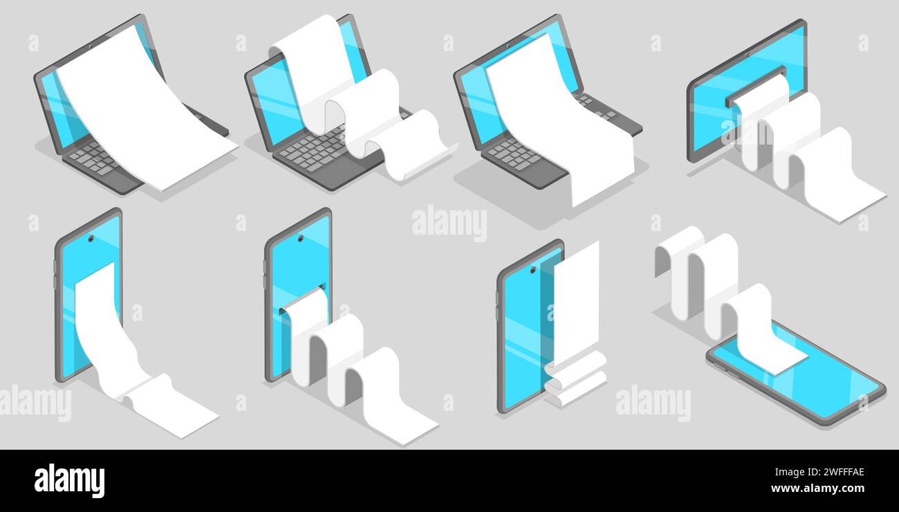 3D Isometrischer flacher Vektor konzeptionelle Darstellung von Rechnungszahlung, Online-Banking, Vorlage von Quittungen vor Mobiltelefon, Laptop und Computer M Stock Vektor