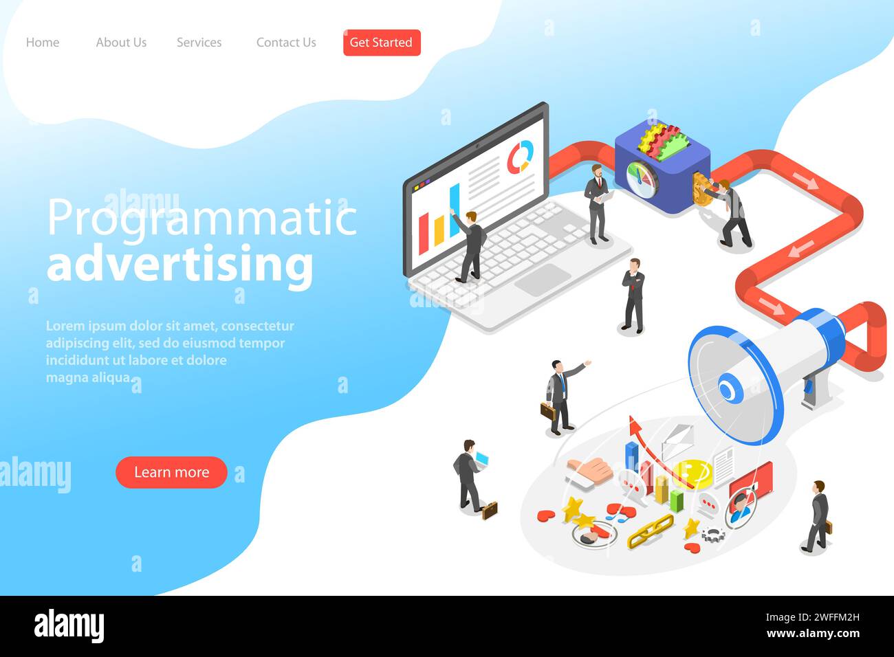 Flache isometrische Vektor-Landing-Page-Vorlage für programmatische Werbung, Social-Media-Kampagnen. Stock Vektor