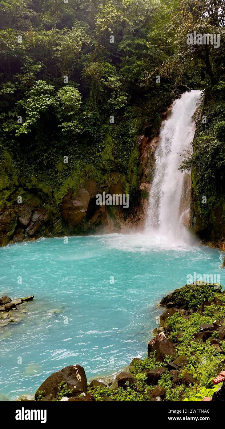 Rio Celeste Wasserfall und Teich im Tenorio Volcano Nationalpark, Provinz Alajuela, Costa Rica Stockfoto