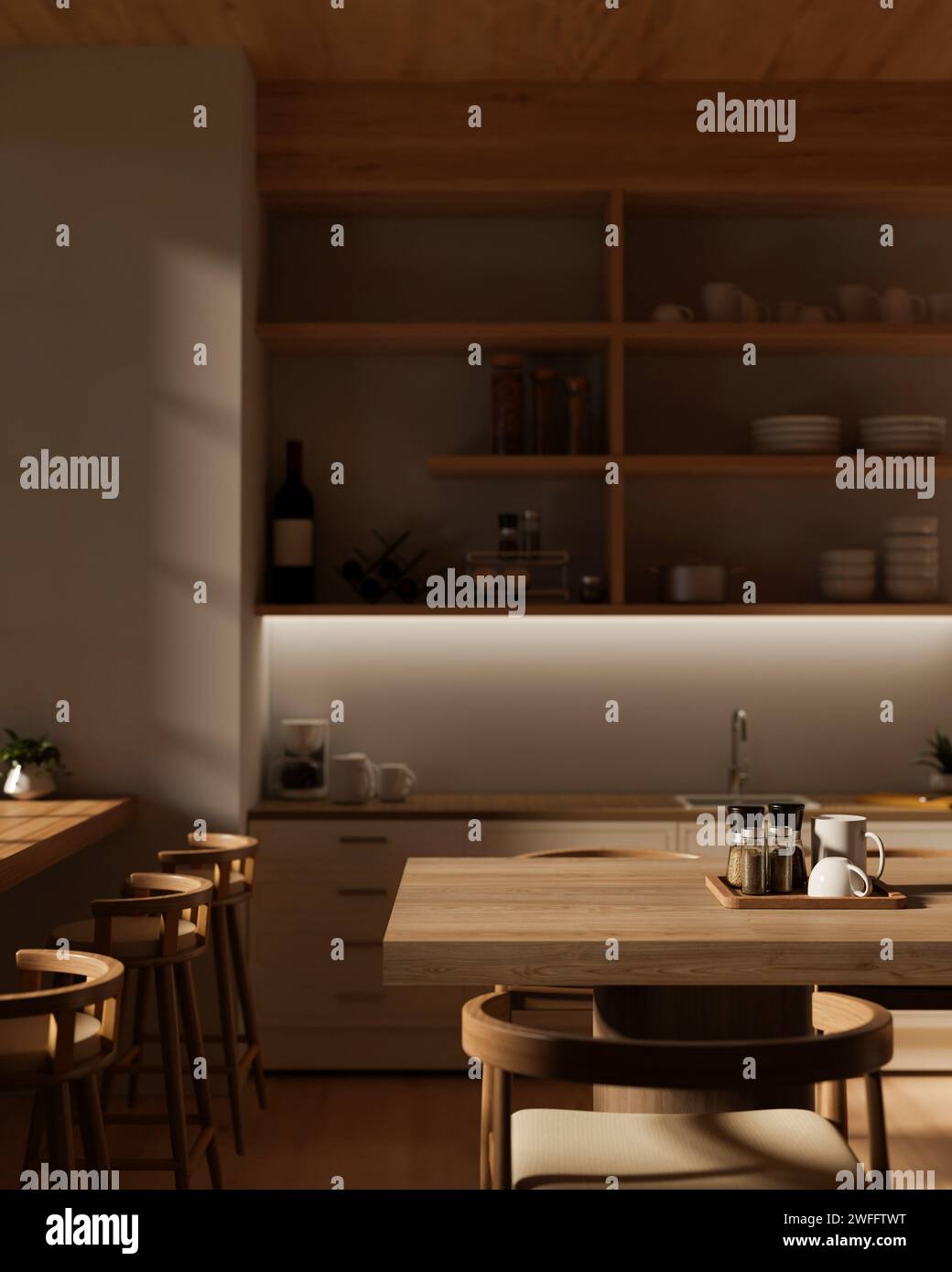 Inneneinrichtung einer modernen, gemütlichen Küche mit Esstisch aus Hartholz, Küchenablagen und Waschbecken sowie einem Küchenschrank. 3D-Rendering, 3D-illustr Stockfoto
