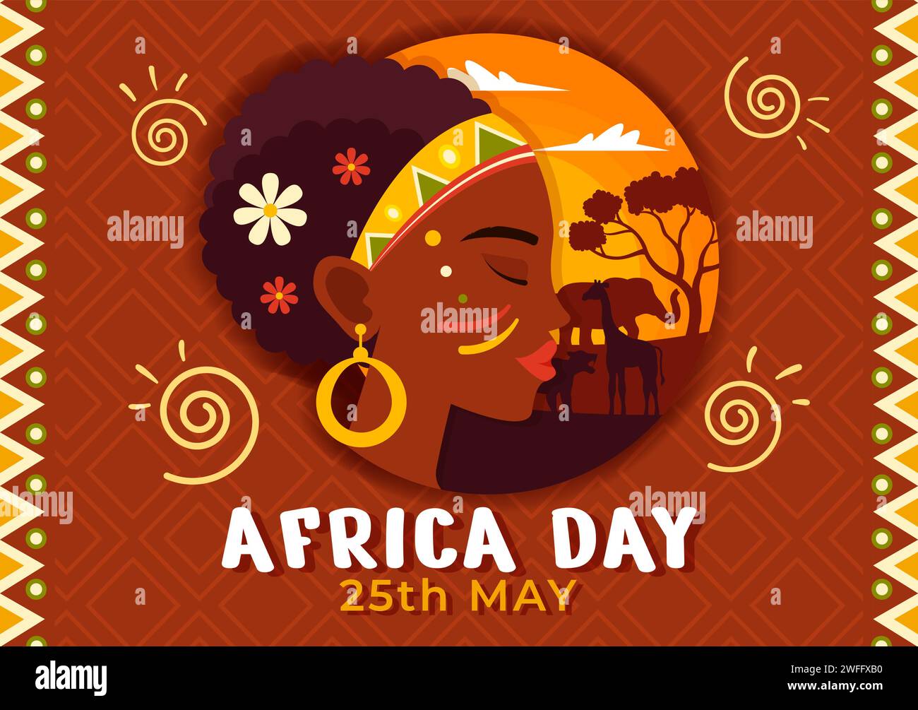 Happy Africa Day Vektor Illustration am 25 Mai mit Kultur afrikanische Stammesfiguren und typisches Tier in Flora und Fauna Flat Cartoon Hintergrund Stock Vektor