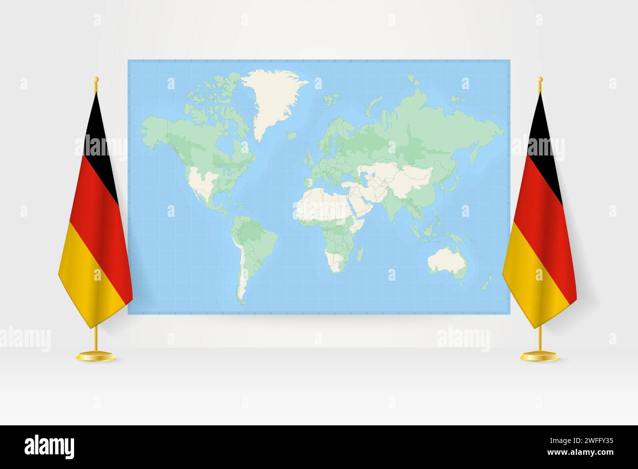 Weltkarte zwischen zwei hängenden Fahnen Deutschlands auf Fahnenstand. Vektor-Illustration für Diplomatie-Treffen, Pressekonferenz und andere. Stock Vektor