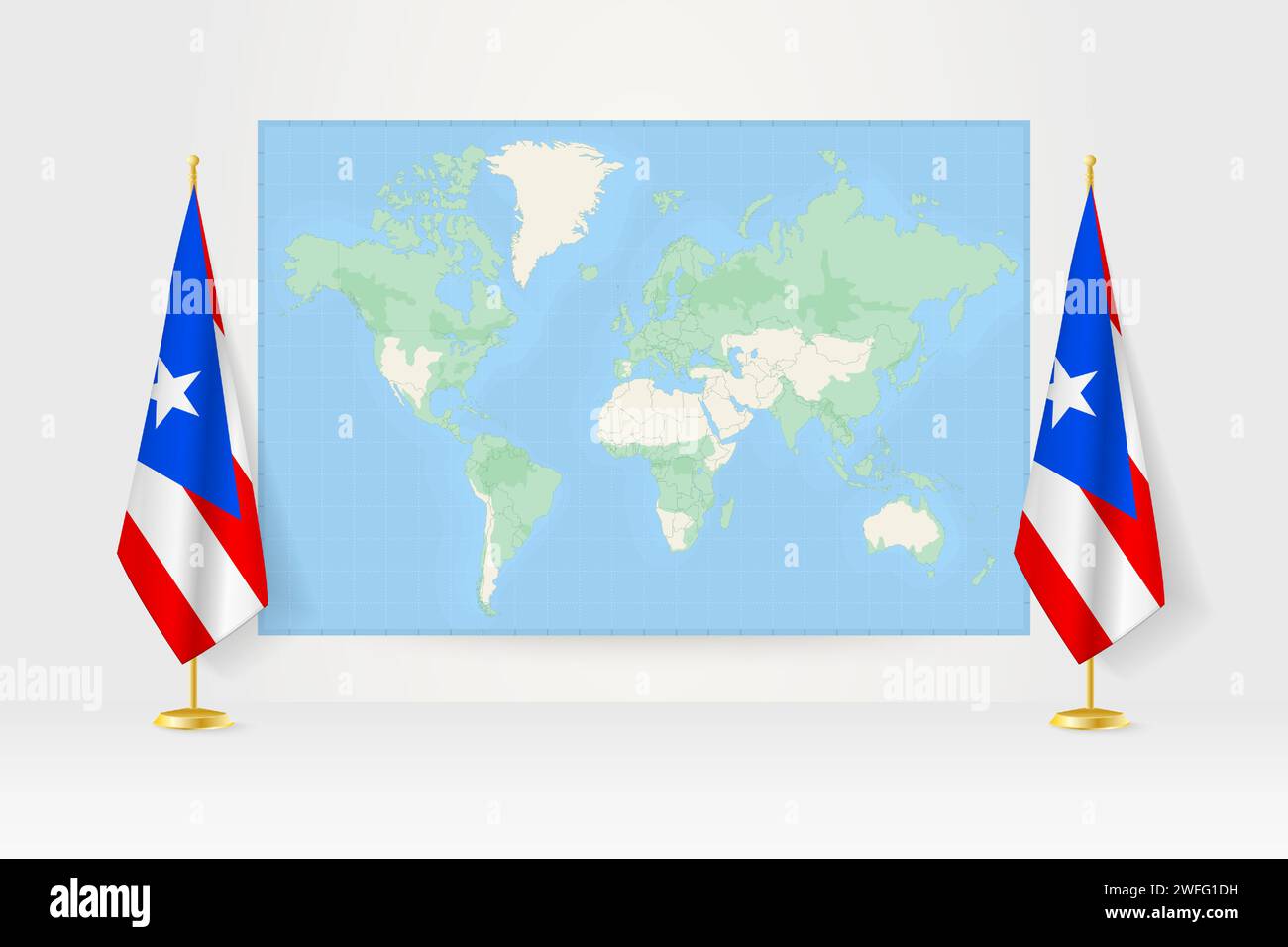 Weltkarte zwischen zwei hängenden Flaggen von Puerto Rico am Flaggenstand. Vektor-Illustration für Diplomatie-Treffen, Pressekonferenz und andere. Stock Vektor