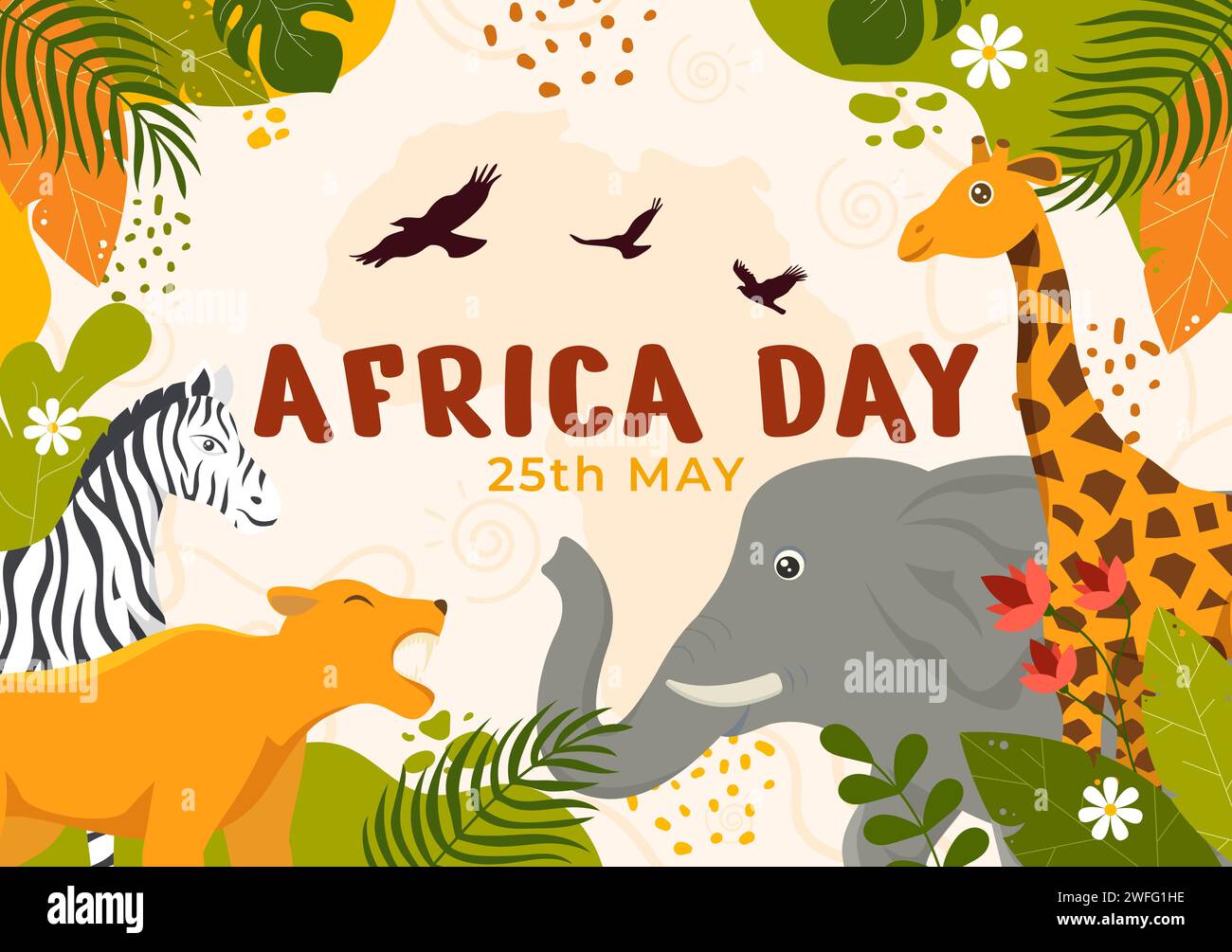 Happy Africa Day Vektor Illustration am 25 Mai mit Kultur afrikanische Stammesfiguren und typisches Tier in Flora und Fauna Flat Cartoon Hintergrund Stock Vektor