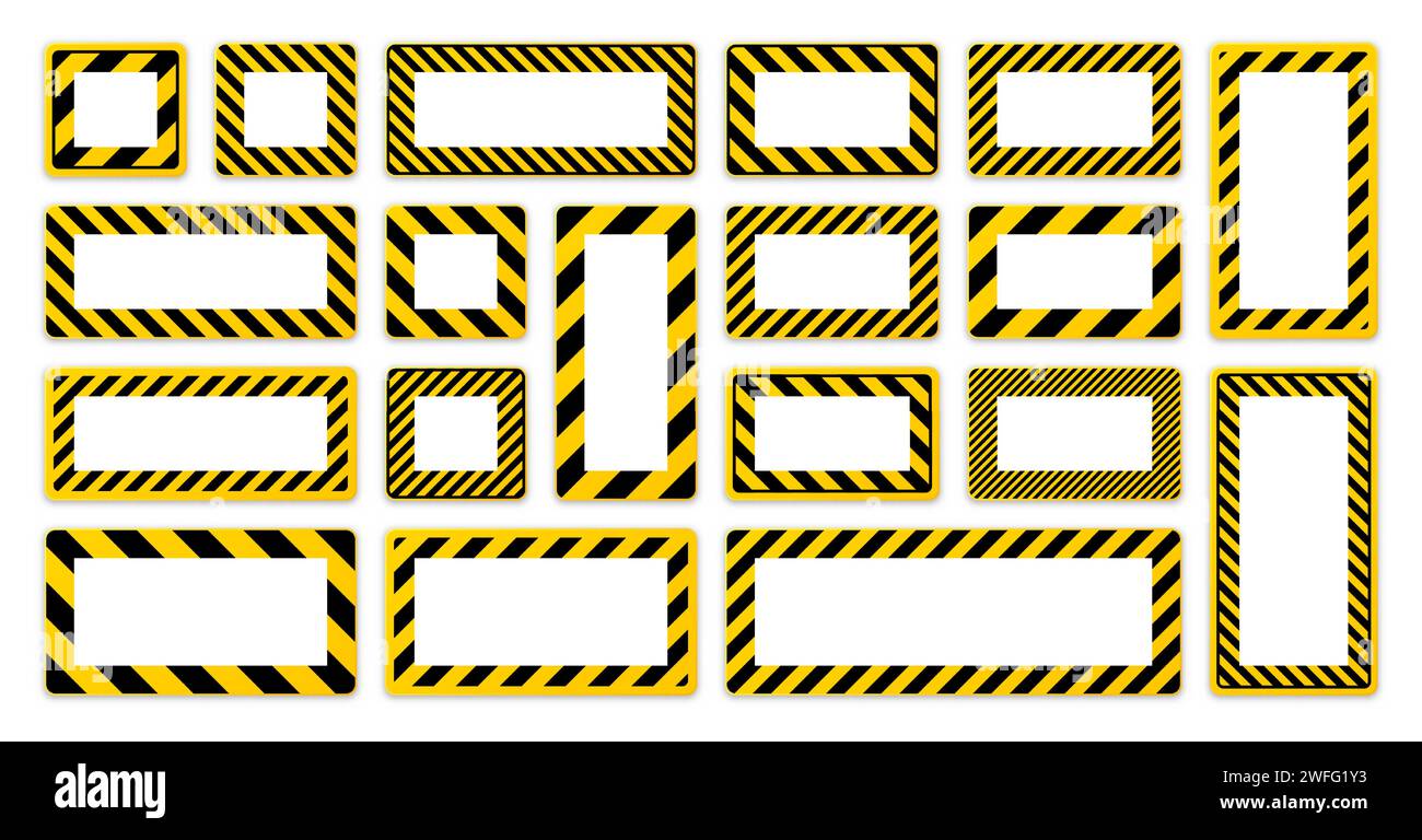 Verschiedene leere Warnschilder mit diagonalen Linien. Rotes Achtung-, Gefahr- oder Vorsichtshinweisschild, Baustellenbeschilderung. Realistisches Hinweisschild, Warnung Stock Vektor