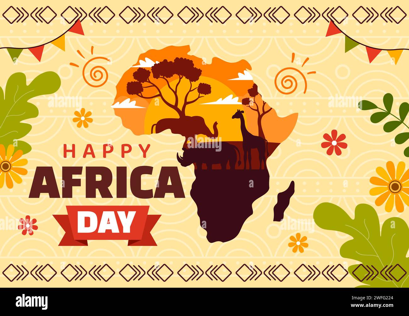 Happy Africa Day Vektor Illustration am 25 Mai mit Kultur afrikanische Stammesfiguren und typisches Tier in Flora und Fauna Flat Cartoon Hintergrund Stock Vektor