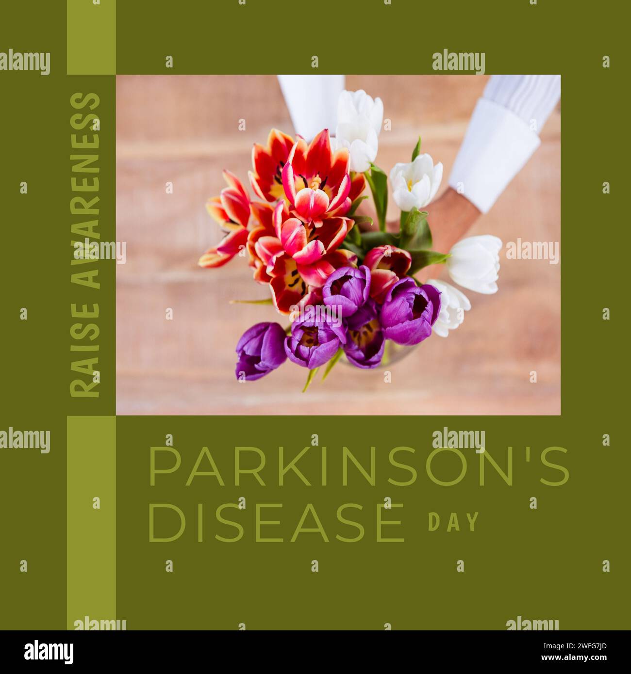 Zusammensetzung des parkinson-Tagestextes über Frau mit mehrfarbigen Tulpen Stockfoto