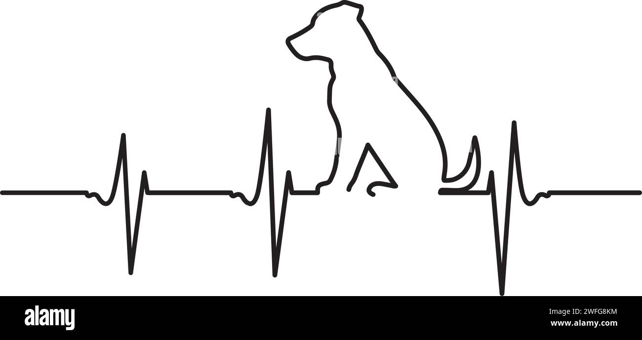 Herzpuls, Kardiogramm-Linienvektor, Hundesilhouette. Synonym Liebe Hunde. Minimalistisches Kunstdesign, Wandgemälde, T-Shirt-Design, Poster-Design, isoliert Stock Vektor