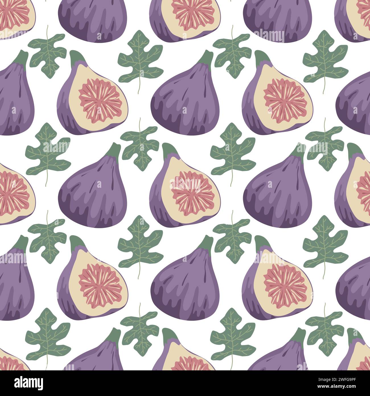Nahtloses Muster reifer Feigenfrüchte. Hintergrund mit violetten ganzen Feigen, Hälften und Blättern. Handgezeichneter, fruchtiger Sommerdruck. Gesundes Bio-Food-Ornament Stock Vektor