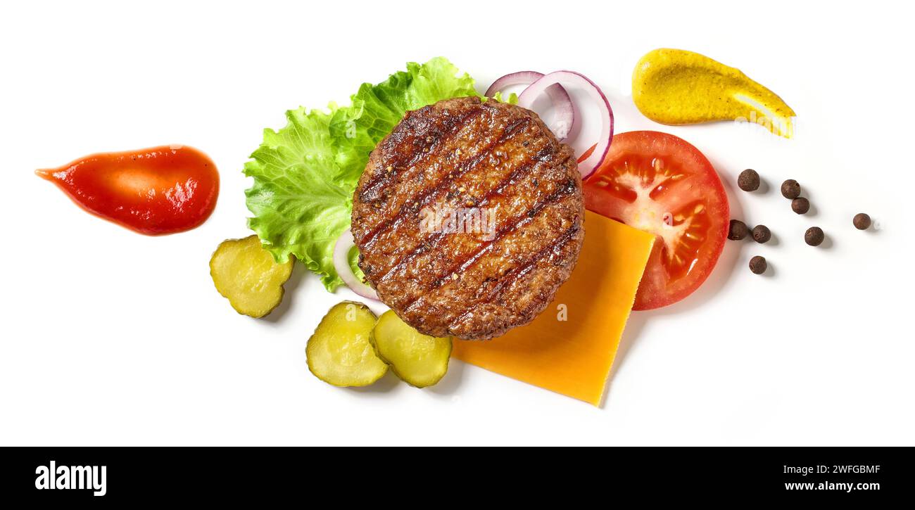 Flache Zusammensetzung von Burger-Zutaten isoliert auf weißem Hintergrund, Draufsicht Stockfoto
