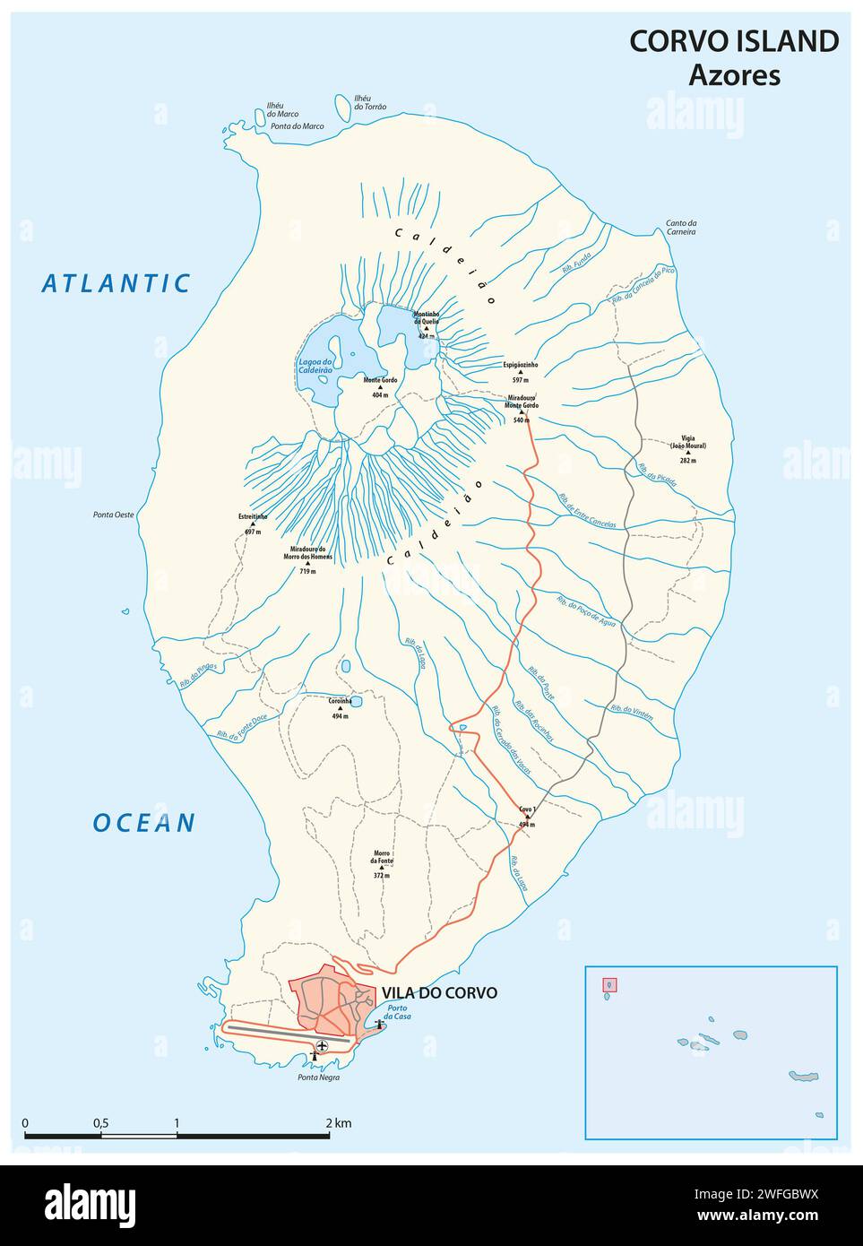 Straßenkarte der portugiesischen Azoren Insel Corvo Stockfoto