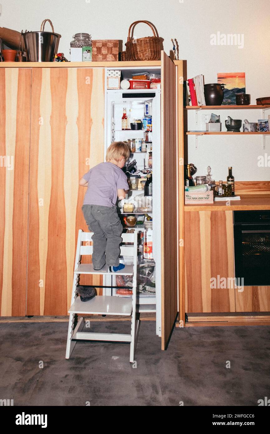 Rückansicht eines Jungen, der auf der Leiter steht und zu Hause im Kühlschrank sucht Stockfoto