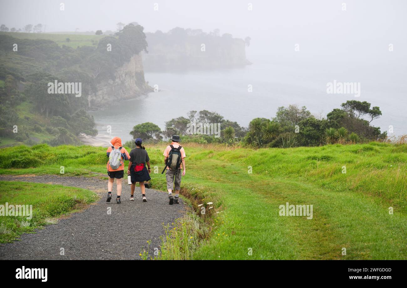 Menschen, die im Regen auf dem Long Bay Coastal Okura Track spazieren gehen. Auckland. Stockfoto