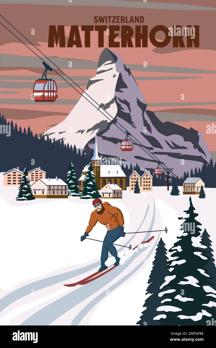 Matterhorn Ski Resort Poster, Retro. Alpes Winter Reisekarte Stock Vektor