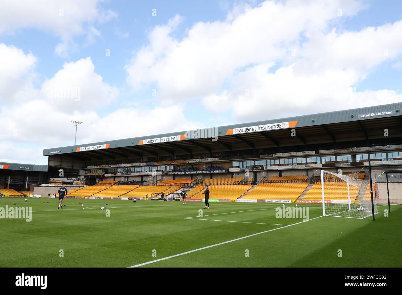 Allgemeiner Blick auf Vale Park, Heimat des Port Vale Football Club. Der ehemalige Take That Sängerin und lebenslanger Vale-Unterstützer plant, den Fußballverein der Liga 1 zu kaufen. Stockfoto