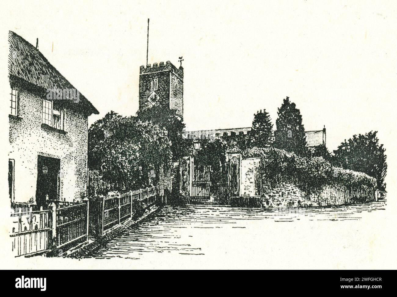 Stift- und Tuschzeichnung der Kirche der Heiligen, in der wunderschönen Viilage von East Budleigh, Devon. Illustration aus dem Buch Glorious Devon. Von S.P.B. Mais, veröffentlicht von der London Great Western Railway Company, 1928 Stockfoto