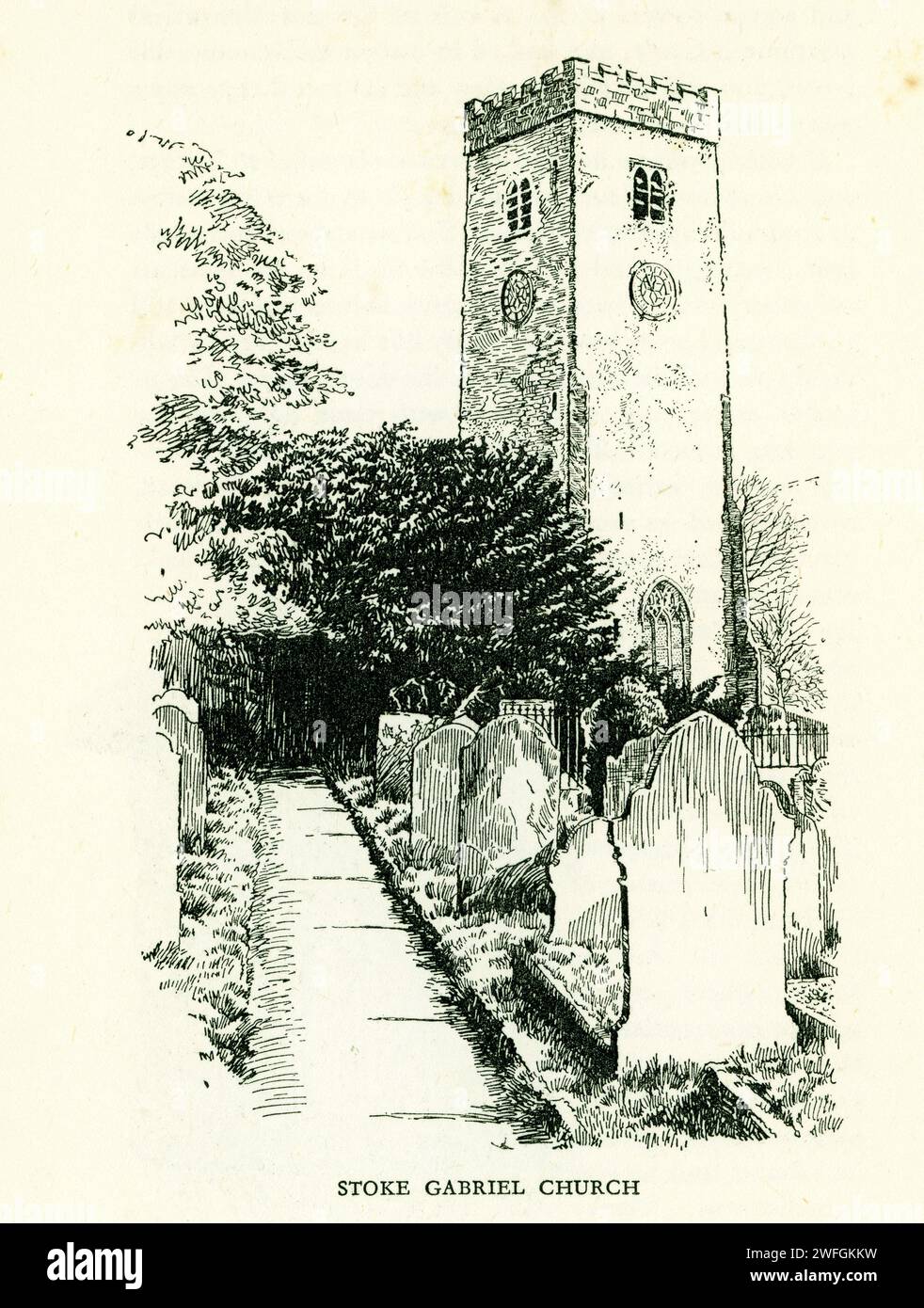 Stift und Tinte Skizze - Stoke Gabriel Church, River Dart Creek, South Hams District, Devon aus dem Buch Glorious Devon. Von S.P.B. Mais, veröffentlicht von der London Great Western Railway Company, 1928 Stockfoto