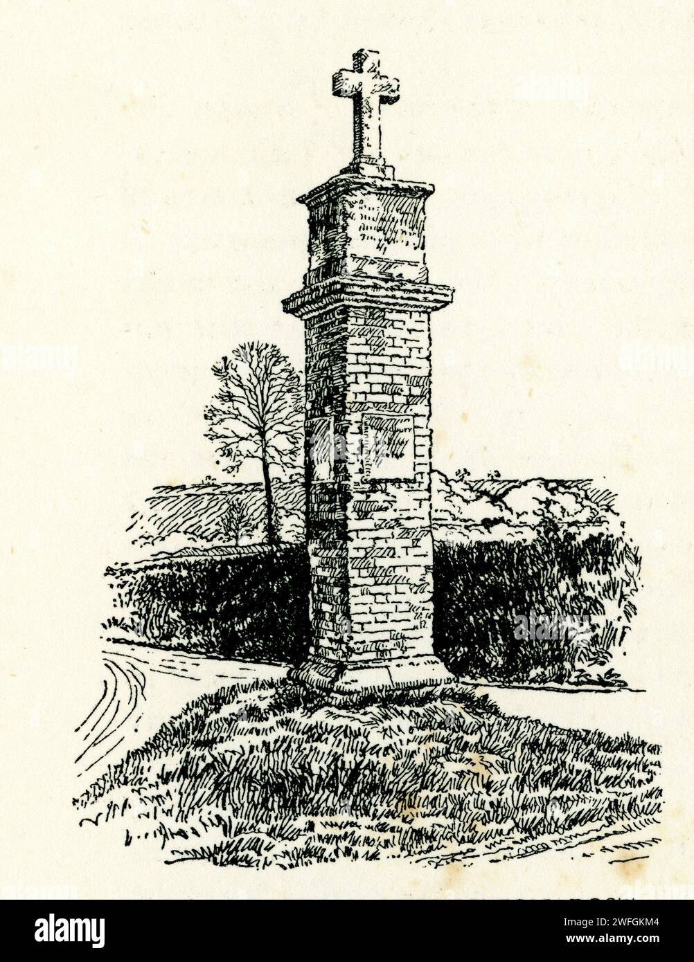 Zeichnung mit Stift und Tinte - East Budleigh Kilometerstand und Richtungspunkt, East Devon. Illustration aus dem Buch Glorious Devon, von S.P.B. Mais, herausgegeben von der London Great Western Railway Company, 1928 Stockfoto