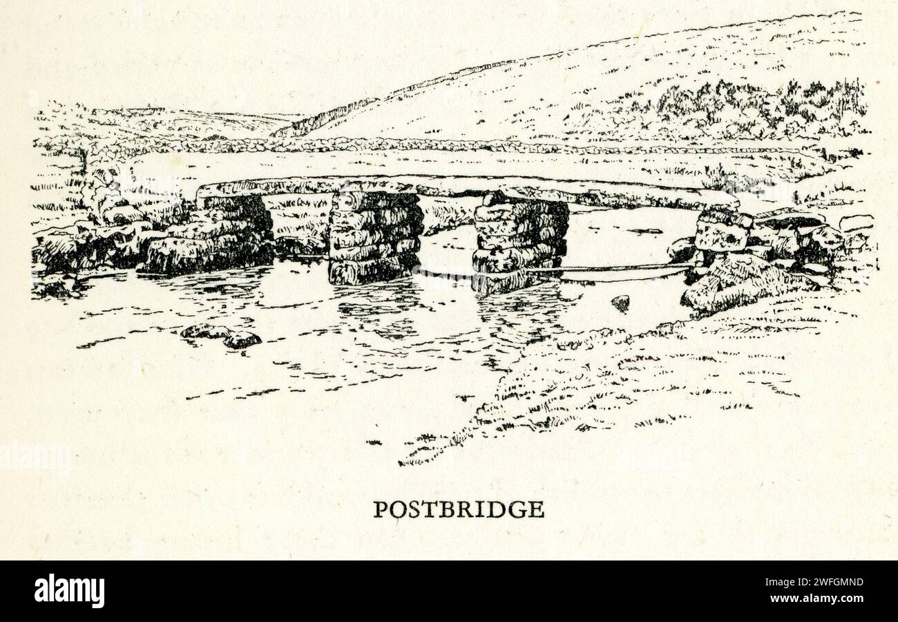 Stift- und Tuschenskizze - Clapper Bridge bei Postbridge, Devon Postbridge ist ein kleiner Weiler auf Dartmoor und seine mittelalterliche Clapper Bridge, eine der am besten erhaltenen Clapper Bridge auf Dartmoor. Illustration aus dem Buch glorreicher Devon. Von S.P.B. Mais, veröffentlicht von der London Great Western Railway Company, 1928 Stockfoto