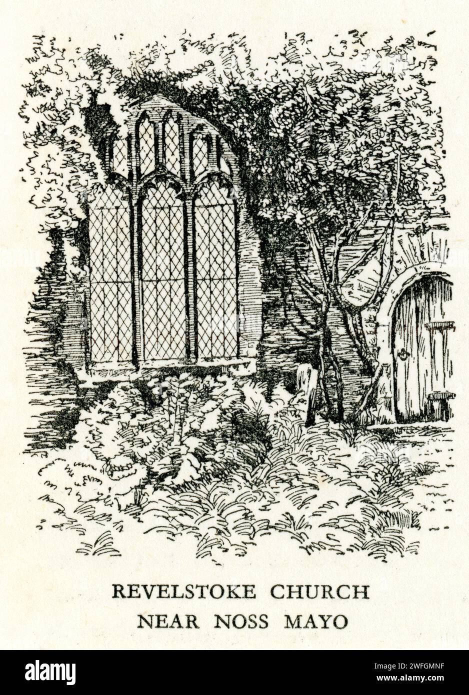 Zeichnung mit Stift und Tinte - Revelstoke Kirche in der Nähe von Noss Mayo. Illustration aus dem Buch Glorious Devon. Von S.P.B. Mais, veröffentlicht von der London Great Western Railway Company, 1928 Stockfoto