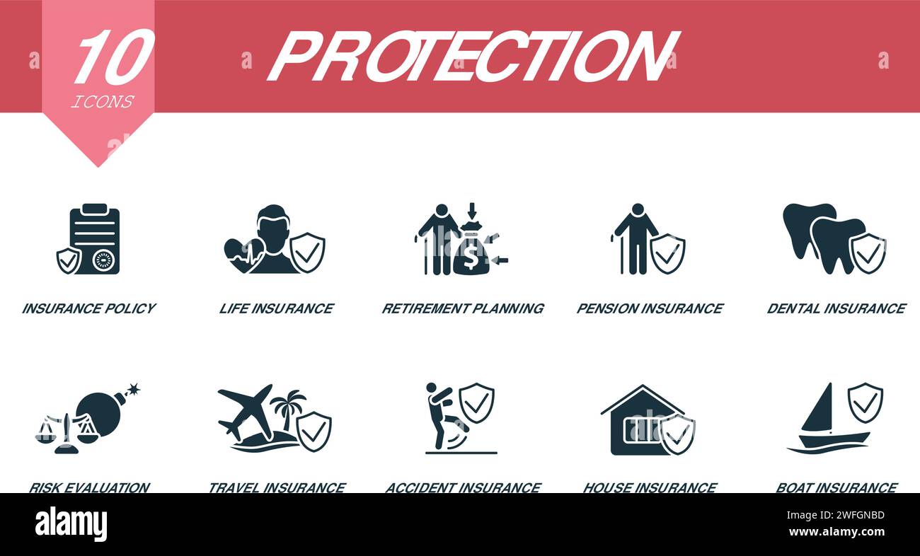 Schutzsymbole gesetzt. Kreative Symbole: Versicherungspolice, Lebensversicherung, Altersvorsorge, Rentenversicherung, Zahnversicherung, Risikobeurteilung und Stock Vektor