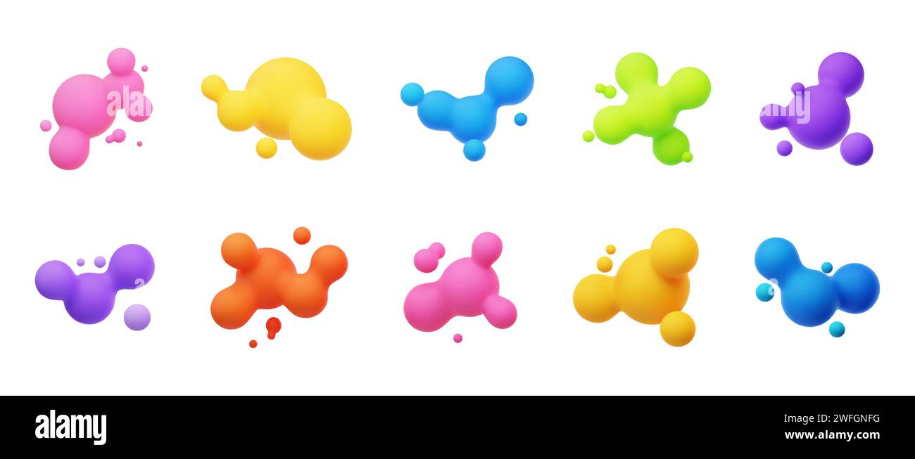 Farbenfrohe 3D-Morphing-Kugeln. Flüssige Klumpen wie Lavalampen. Flüssige 3D-Metaballs. Helle Vektorillustration für Karten, Poster, Werbung, Flyer. Isola Stock Vektor