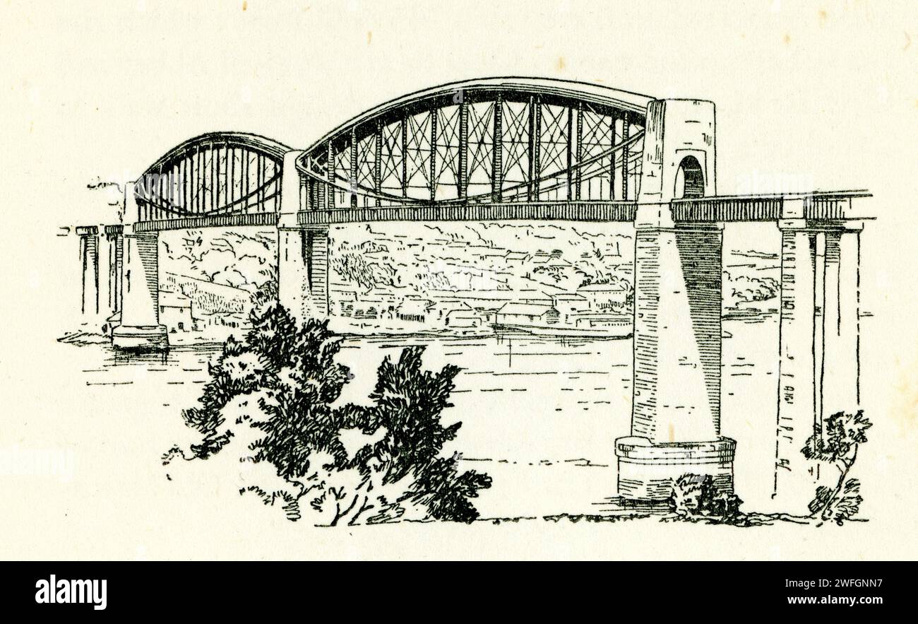 Die Royal Albert Bridge, die heute entlang der Tamar Road Bridge verläuft, überspannt Saltash in Cornwall und Plymouth in Devon. Diese Eisenbahnbrücke wurde von dem berühmten Ingenieur Isambard Kingdom Brunel entworfen. Aus dem Buch Glorious Devon. Von S.P.B. Mais, veröffentlicht von der London Great Western Railway Company, 1928 Stockfoto