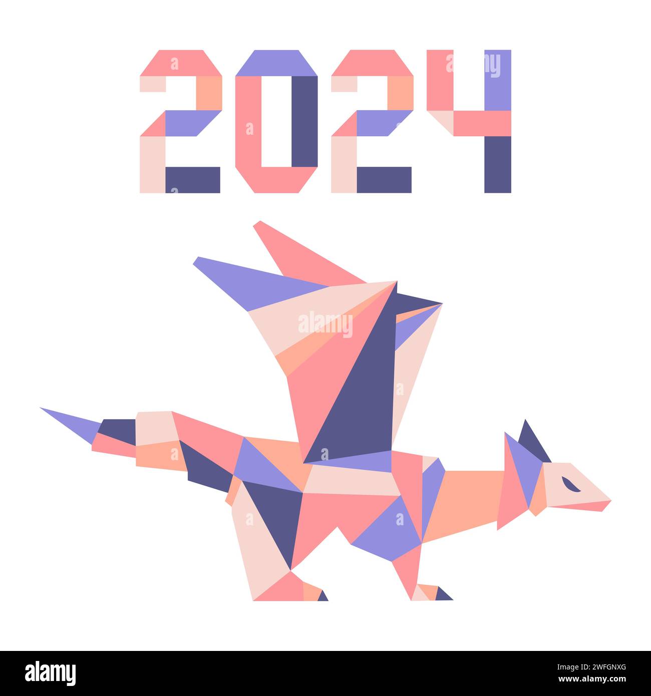 Glückliches neues Jahr Vektor-Illustration Origami Symbol von 2024 auf chinesischem Kalenderjahr des Drachen. Zahlen. Das jährliche Tierkreiszeichen der Tiere. Chinesisches Horoskop. F Stock Vektor
