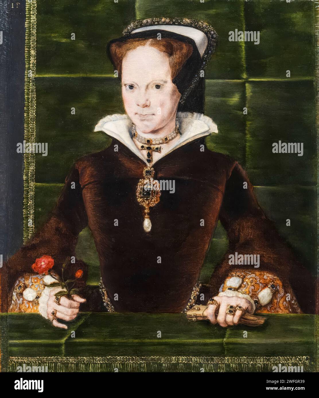 Mary I. von England (1516–1558), bekannt als „Bloody Mary“, Porträtgemälde in Öl auf Tafel von Hans Eworth, 1554 Stockfoto
