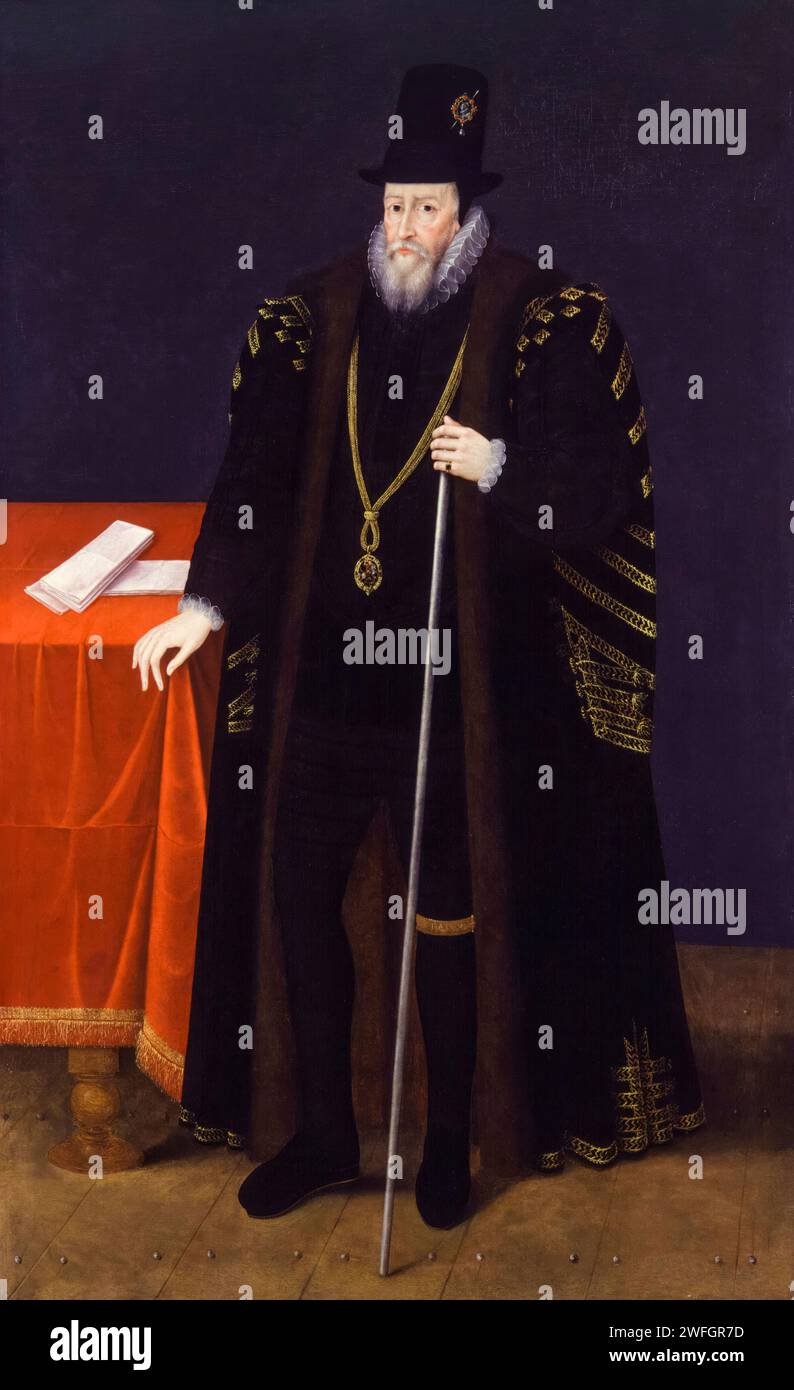 William Cecil, 1. Baron Burghley, Lord Burghley (1520–1598), englischer Staatsmann. Chefberater von Königin Elisabeth I. Porträtmalerei in Öl auf Leinwand, 1590-1599 Stockfoto