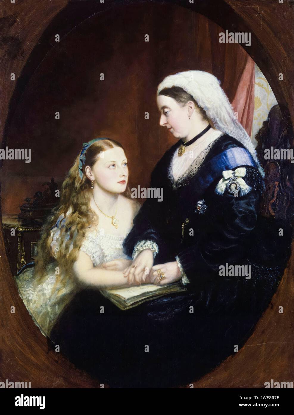 Prinzessin Beatrice von Battenberg (1857–1944), mit ihrer Mutter Königin Victoria (1819–1901), Porträtgemälde in Öl auf Leinwand, 1867-1873 Stockfoto